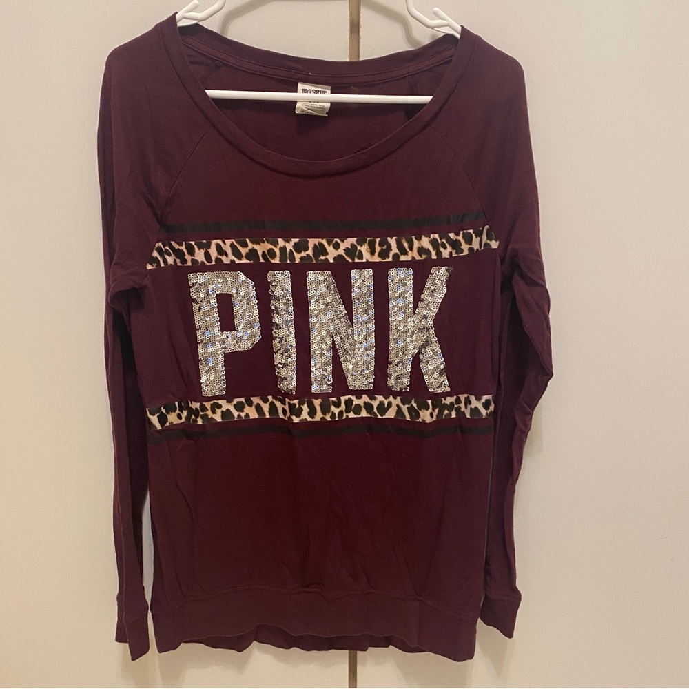 Victoria’s Secret PINK Maroon Cheetah Print, Sparkly Longsleeve Shirt